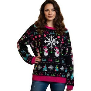 No Boundaries Black Pink Snowman Snowflake Holiday pull over Sweater Size Xlarge